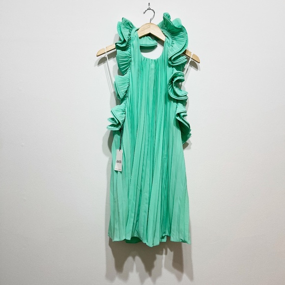 NEW Amur Mimi Pleated Ruffle Backless Halterneck Mini Dress Miami Sky Mint 4 - Picture 1 of 4